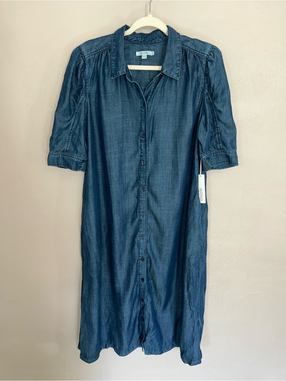 Chico's Dark denim Chambray Button-Front Midi Dress - Blue - Picture 1 of 4